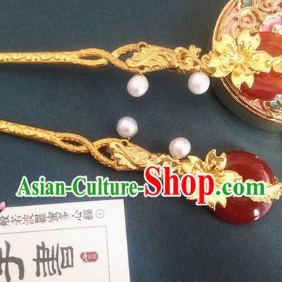 Chinese Ancient Princess Agate Hairpins Traditional Hanfu Palace Wedding Hair Accessories for Women