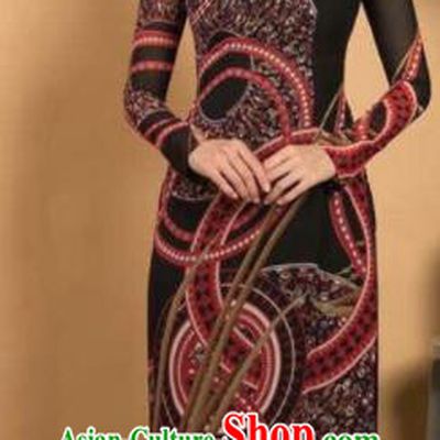 Asian Vietnam Traditional Printing Brown Dress Vietnamese Classical Ao Dai Cheongsam for Women