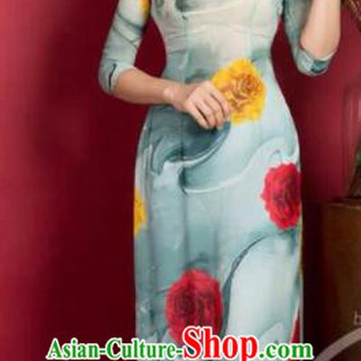 Asian Vietnam Traditional Printing Light Blue Dress Vietnamese Classical Ao Dai Cheongsam for Women