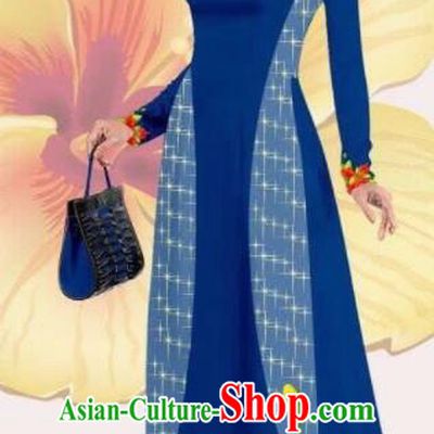 Asian Vietnam Traditional Printing Navy Dress Vietnamese Classical Ao Dai Cheongsam for Women
