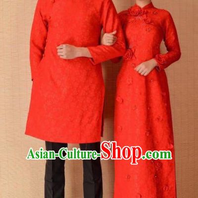 Asian Vietnam Traditional Wedding Red Costumes Vietnamese National Bride and Bridegroom Ao Dai Cheongsam Complete Set