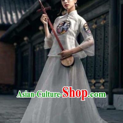 Asian Vietnam Traditional Wedding White Dress Vietnamese National Classical Ao Dai Cheongsam for Women