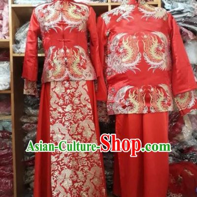 Asian Vietnam Traditional Wedding Red Costumes Vietnamese National Bride and Bridegroom Ao Dai Clothing Complete Set