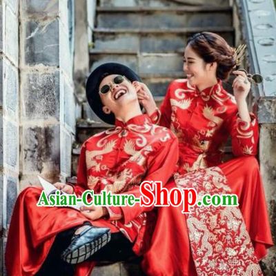Asian Vietnam Traditional Wedding Costumes Vietnamese National Bride and Bridegroom Ao Dai Clothing Complete Set