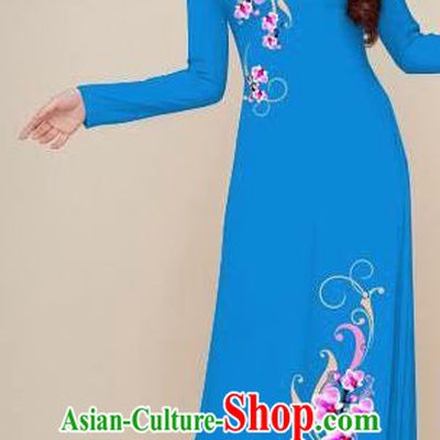 Asian Vietnam Traditional Printing Plum Blue Dress Vietnamese National Classical Ao Dai Cheongsam for Women