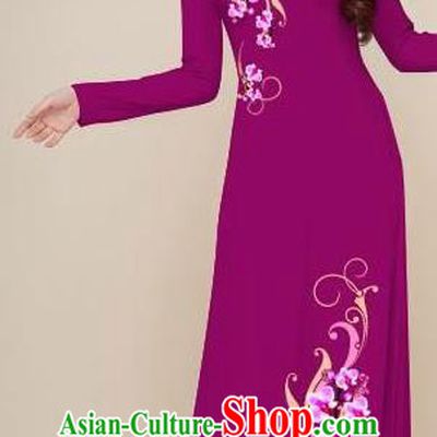 Asian Vietnam Traditional Printing Plum Purple Dress Vietnamese National Classical Ao Dai Cheongsam for Women