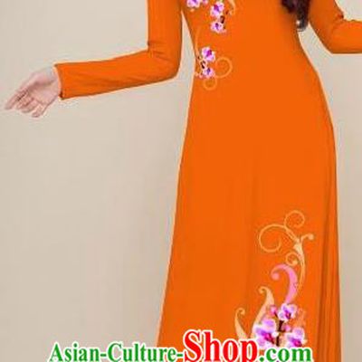Asian Vietnam Traditional Printing Plum Orange Dress Vietnamese National Classical Ao Dai Cheongsam for Women