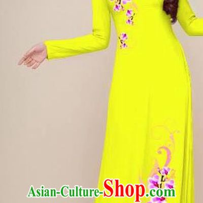 Asian Vietnam Traditional Printing Plum Yellow Dress Vietnamese National Classical Ao Dai Cheongsam for Women