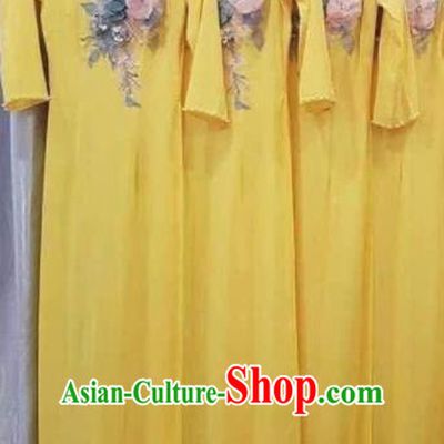 Asian Vietnam Traditional Embroidered Yellow Dress Vietnamese National Classical Ao Dai Cheongsam for Women