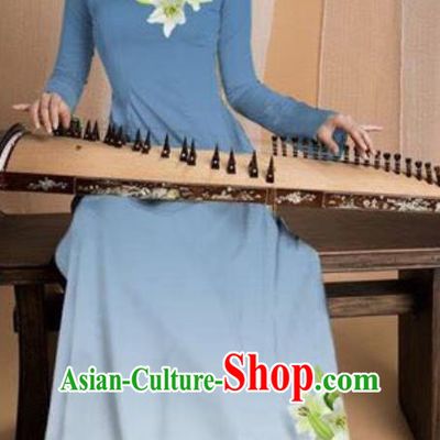 Asian Vietnam Traditional Printing Lily Flowers Blue Dress Vietnamese National Classical Ao Dai Cheongsam for Women
