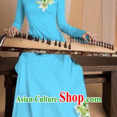 Asian Vietnam Traditional Printing Lily Flowers Light Blue Dress Vietnamese National Classical Ao Dai Cheongsam for Women