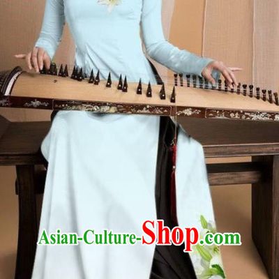 Asian Vietnam Traditional Printing Lily Flowers Lake Blue Dress Vietnamese National Classical Ao Dai Cheongsam for Women