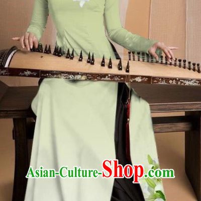 Asian Vietnam Traditional Printing Lily Flowers Light Green Dress Vietnamese National Classical Ao Dai Cheongsam for Women