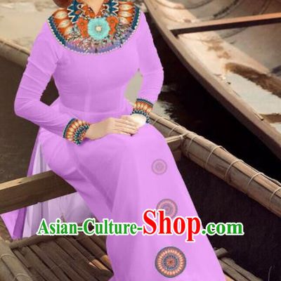 Asian Vietnam Traditional Bride Lilac Dress Vietnamese National Classical Ao Dai Cheongsam for Women