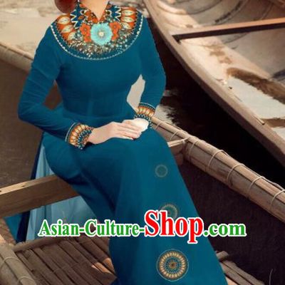 Asian Vietnam Traditional Bride Navy Dress Vietnamese National Classical Ao Dai Cheongsam for Women