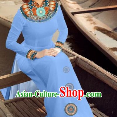 Asian Vietnam Traditional Bride Blue Dress Vietnamese National Classical Ao Dai Cheongsam for Women