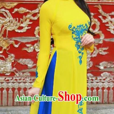 Asian Vietnam Traditional Bride Printing Yellow Dress Vietnamese National Classical Ao Dai Cheongsam for Women