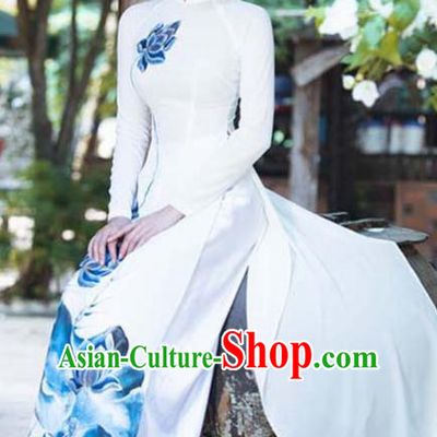 Asian Vietnam Traditional Bride Printing Blue Lotus Dress Vietnamese National Classical Ao Dai Cheongsam for Women