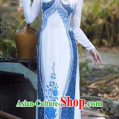 Asian Vietnam Traditional Bride Printing Blue Peony Dress Vietnamese National Classical Ao Dai Cheongsam for Women