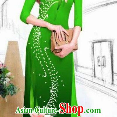 Asian Vietnam Traditional Bride Printing Lily Flowers Deep Green Dress Vietnamese National Classical Ao Dai Cheongsam for Women