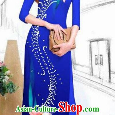 Asian Vietnam Traditional Bride Printing Lily Flowers Royalblue Dress Vietnamese National Classical Ao Dai Cheongsam for Women