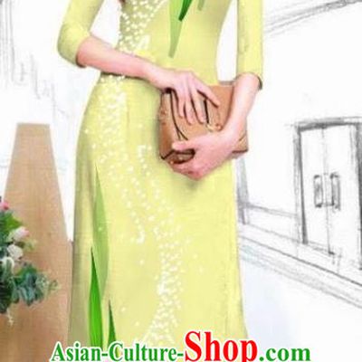 Asian Vietnam Traditional Bride Printing Lily Flowers Light Yellow Dress Vietnamese National Classical Ao Dai Cheongsam for Women
