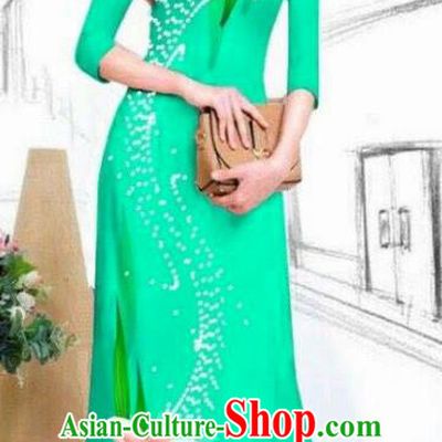 Asian Vietnam Traditional Bride Printing Lily Flowers Light Green Dress Vietnamese National Classical Ao Dai Cheongsam for Women
