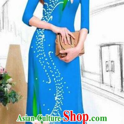 Asian Vietnam Traditional Bride Printing Lily Flowers Blue Dress Vietnamese National Classical Ao Dai Cheongsam for Women