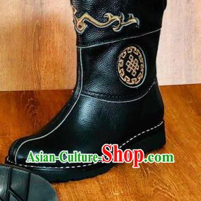 Traditional Chinese Mongol Nationality Wedding Shoes Mongolian Minority Folk Dance Black Leather Boots for Men