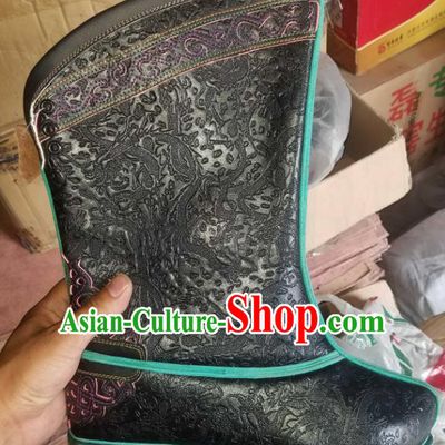 Traditional Chinese Mongol Nationality Black Leather Boots Mongolian Minority Folk Dance Shoes for Men