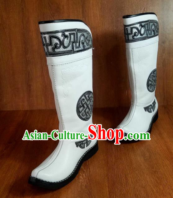 Traditional Chinese Mongol Nationality White Leather Boots Mongolian Minority Folk Dance Shoes for Men Traditional Chinese Mongol Nationality White Leather Boots Mongolian Minority Folk Dance Shoes for Men