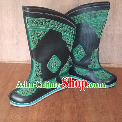 Traditional Chinese Mongol Ethnic Handmade Black Leather Boots Mongolian Minority Folk Dance Shoes for Men