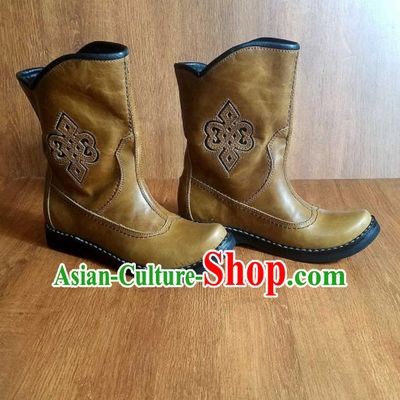 Traditional Chinese Mongol Ethnic Handmade Khaki Leather Boots Mongolian Minority Folk Dance Shoes for Men