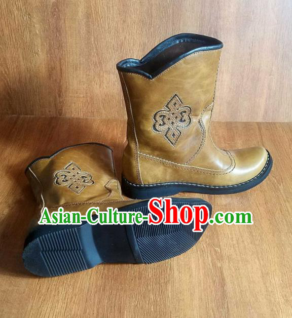 Traditional Chinese Mongol Ethnic Handmade Khaki Leather Boots Mongolian Minority Folk Dance Shoes for Men Traditional Chinese Mongol Ethnic Handmade Khaki Leather Boots Mongolian Minority Folk Dance Shoes for Men