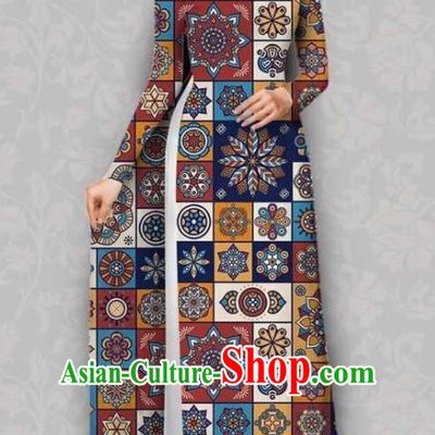 Asian Vietnam Traditional Geometry Pattern Ginger Dress Bride Costume Vietnamese National Classical Ao Dai Cheongsam for Women