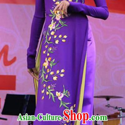Asian Vietnam Traditional Printing Purple Dress Bride Costume Vietnamese National Classical Ao Dai Cheongsam for Women