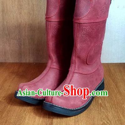 Traditional Chinese Mongol Ethnic Red Leather Boots Mongolian Minority Folk Dance Handmade Shoes for Men