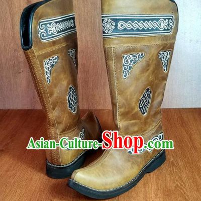 Traditional Chinese Mongol Ethnic Ginger Leather High Boots Mongolian Minority Folk Dance Handmade Shoes for Men