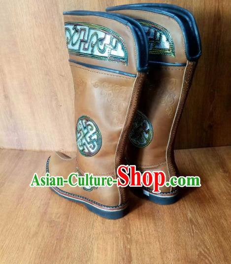 Traditional Chinese Mongol Ethnic Orange Leather Boots Mongolian Minority Folk Dance Handmade Shoes for Men Traditional Chinese Mongol Ethnic Orange Leather Boots Mongolian Minority Folk Dance Handmade Shoes for Men
