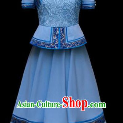 Traditional Chinese Mongol Ethnic Blue Dress Mongolian Minority Folk Dance Clothing for Kids