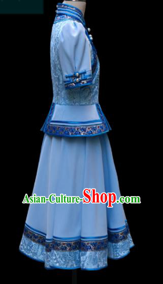 Traditional Chinese Mongol Ethnic Blue Dress Mongolian Minority Folk Dance Clothing for Kids