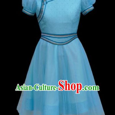 Traditional Chinese Mongol Ethnic Light Blue Dress Mongolian Minority Folk Dance Clothing for Kids