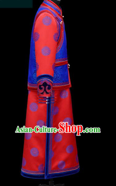 Chinese Traditional Mongol Ethnic Bridegroom Red Robe Mongolian Minority Folk Dance Costume for Men