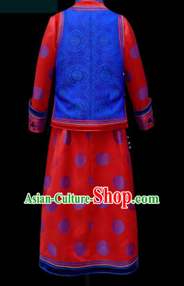 Chinese Traditional Mongol Ethnic Bridegroom Red Robe Mongolian Minority Folk Dance Costume for Men