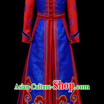 Traditional Chinese Mongol Ethnic Bride Royalblue Dress Mongolian Minority Folk Dance Embroidered Costume for Women
