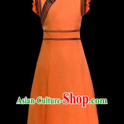 Traditional Chinese Mongol Ethnic Orange Dress Mongolian Minority Folk Dance Embroidered Costume for Women