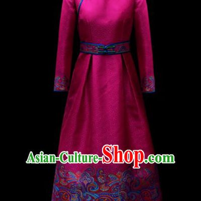 Traditional Chinese Mongol Ethnic Wedding Rosy Dress Mongolian Minority Folk Dance Embroidered Costume for Women