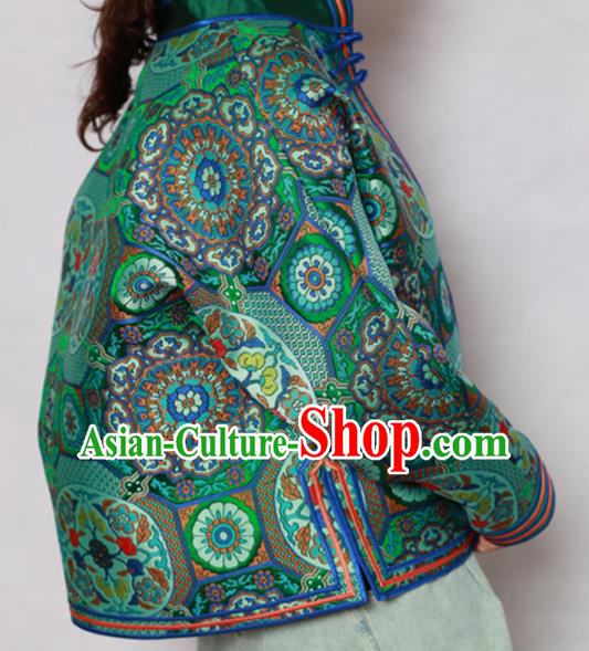 Traditional Chinese Mongol Ethnic Green Cotton Wadded Jacket Mongolian Minority Folk Dance Costume for Women Traditional Chinese Mongol Ethnic Green Cotton Wadded Jacket Mongolian Minority Folk Dance Costume for Women