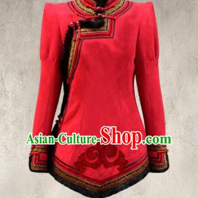Traditional Chinese Mongol Ethnic Red Suede Cotton Wadded Jacket Mongolian Minority Folk Dance Costume for Women