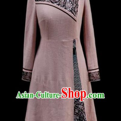 Traditional Chinese Mongol Ethnic Pink Dress Mongolian Minority Folk Dance Embroidered Costume for Women